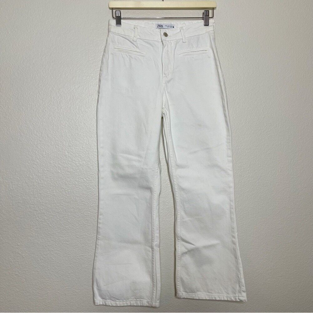 ZARA Flare Jeans Size 2 100% Cotton Denim 26" White High Rise Spring Preppy